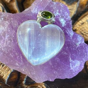 Selenite and Chrome Diopside Solid Sterling Silver Pendant